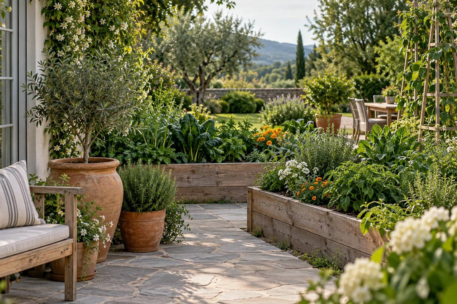 A sunlit garden with raised planting beds, flowers and a welcoming patio