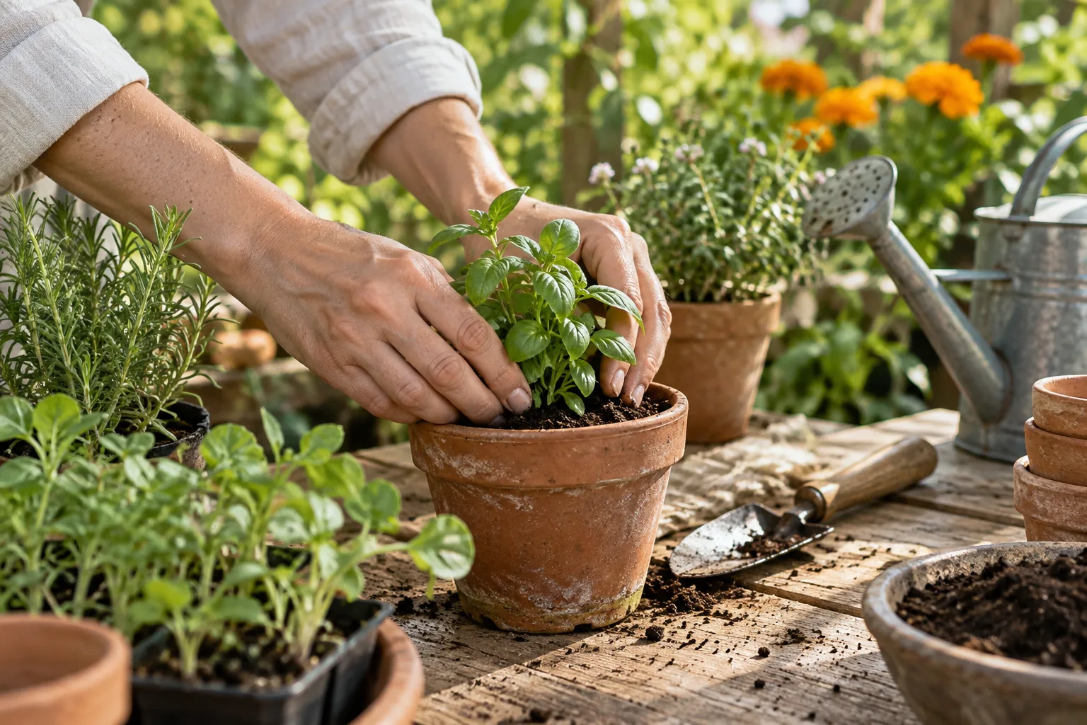 Hands tending a young herb plant on a sunlit potting bench