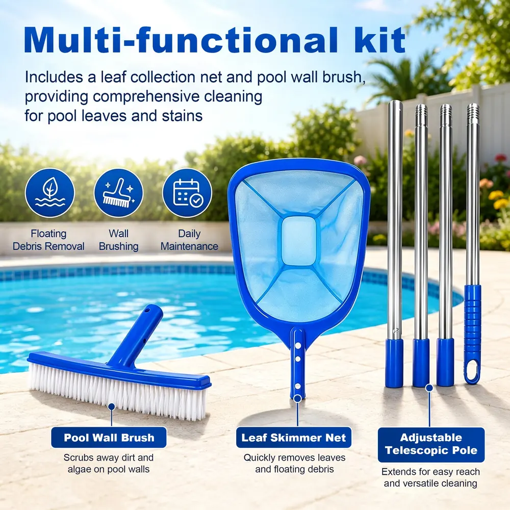 KoSoon Pool Cleaning Kit with Skimmer Net, Pool Brush and 5-Section Stainless Steel Pole — product detail 1